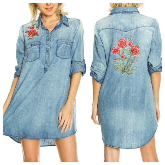 En Creme Dresses & Skirts - En Creme Denim Embroidered Shirt Dress